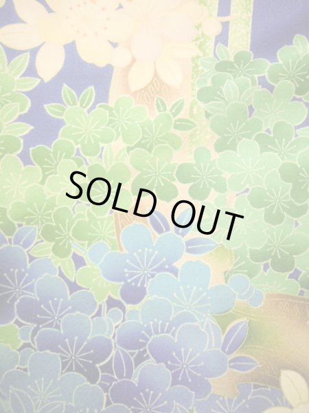 Photo18: Mint H1025T Used Japanese Kimono   Blue FURISODE long-sleeved / Silk. SAKURA cherry blossom  (Grade A) (18)