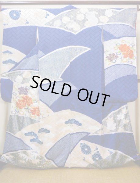 Photo1: I0107L Used Japanese Kimono   Blue FURISODE long-sleeved / Silk. Flower  (Grade A) (1)