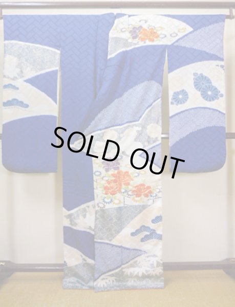 Photo3: I0107L Used Japanese Kimono   Blue FURISODE long-sleeved / Silk. Flower  (Grade A) (3)