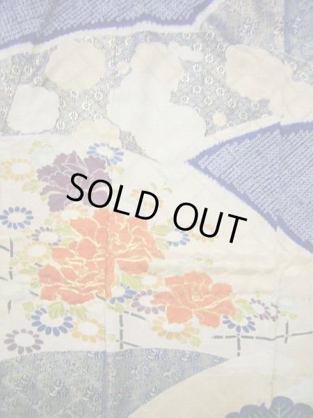Photo5: I0107L Used Japanese Kimono   Blue FURISODE long-sleeved / Silk. Flower  (Grade A) (5)