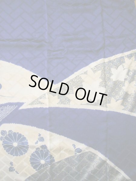 Photo9: I0107L Used Japanese Kimono   Blue FURISODE long-sleeved / Silk. Flower  (Grade A) (9)