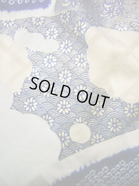 Photo12: I0107L Used Japanese Kimono   Blue FURISODE long-sleeved / Silk. Flower  (Grade A) (12)