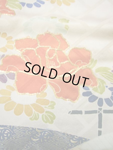 Photo14: I0107L Used Japanese Kimono   Blue FURISODE long-sleeved / Silk. Flower  (Grade A) (14)