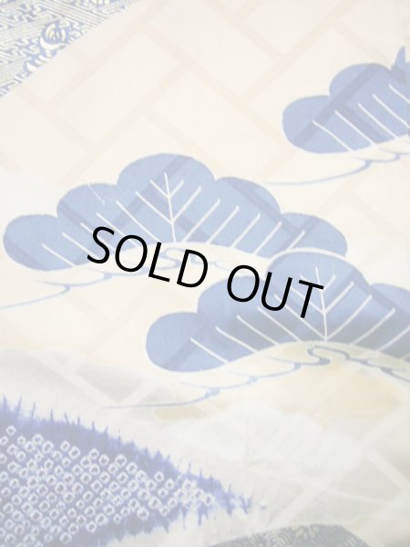 Photo15: I0107L Used Japanese Kimono   Blue FURISODE long-sleeved / Silk. Flower  (Grade A) (15)