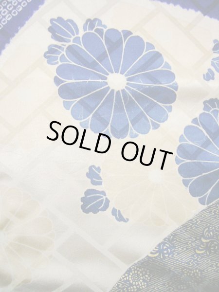 Photo19: I0107L Used Japanese Kimono   Blue FURISODE long-sleeved / Silk. Flower  (Grade A) (19)