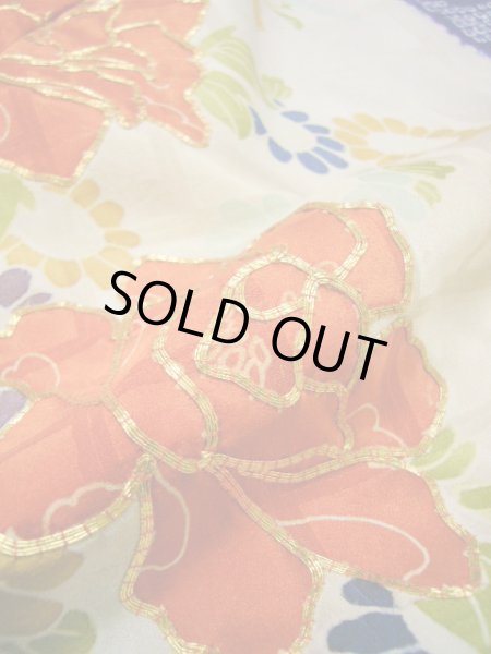 Photo21: I0107L Used Japanese Kimono   Blue FURISODE long-sleeved / Silk. Flower  (Grade A) (21)