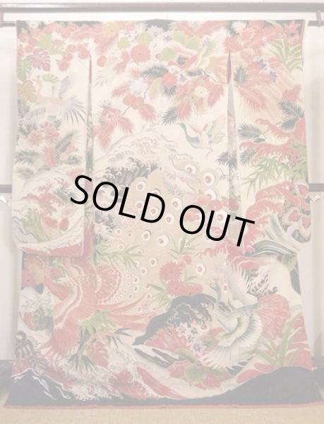 Photo2: I0107T Used Japanese Kimono  Smoky Off White FURISODE long-sleeved / Silk. Peacock, MEIJI era (Grade D) (2)