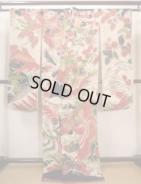 Photo3: I0107T Used Japanese Kimono  Smoky Off White FURISODE long-sleeved / Silk. Peacock, MEIJI era (Grade D) (3)