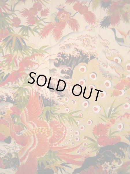 Photo5: I0107T Used Japanese Kimono  Smoky Off White FURISODE long-sleeved / Silk. Peacock, MEIJI era (Grade D) (5)