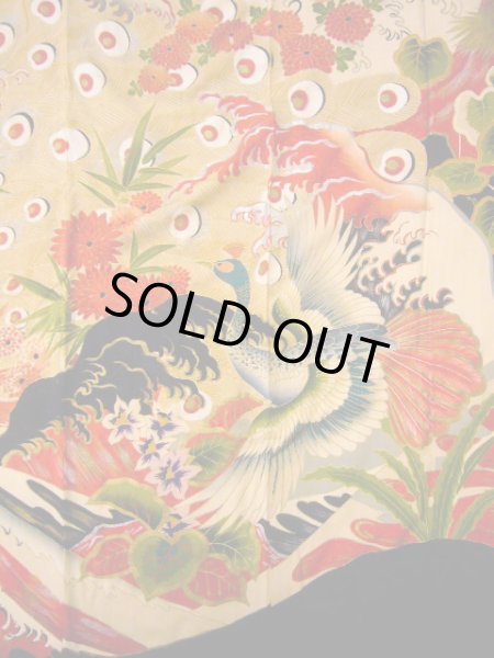 Photo9: I0107T Used Japanese Kimono  Smoky Off White FURISODE long-sleeved / Silk. Peacock, MEIJI era (Grade D) (9)