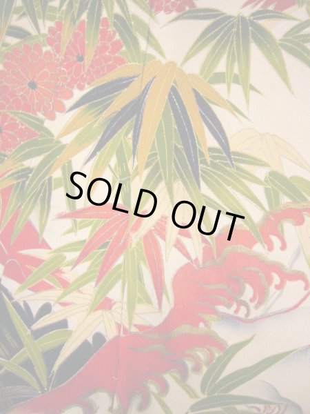 Photo11: I0107T Used Japanese Kimono  Smoky Off White FURISODE long-sleeved / Silk. Peacock, MEIJI era (Grade D) (11)