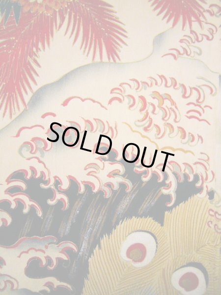 Photo12: I0107T Used Japanese Kimono  Smoky Off White FURISODE long-sleeved / Silk. Peacock, MEIJI era (Grade D) (12)