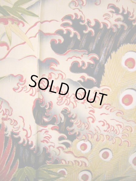 Photo13: I0107T Used Japanese Kimono  Smoky Off White FURISODE long-sleeved / Silk. Peacock, MEIJI era (Grade D) (13)