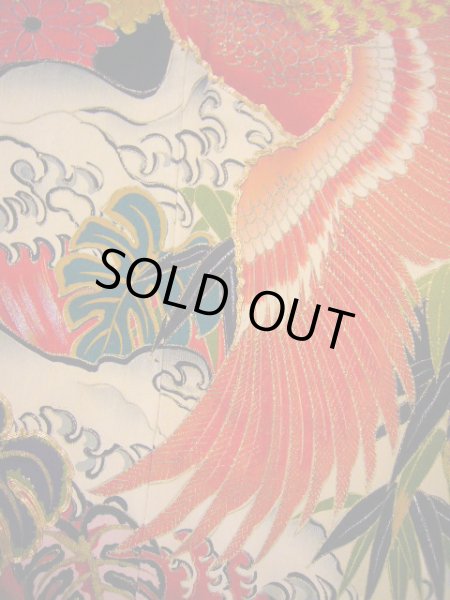 Photo15: I0107T Used Japanese Kimono  Smoky Off White FURISODE long-sleeved / Silk. Peacock, MEIJI era (Grade D) (15)