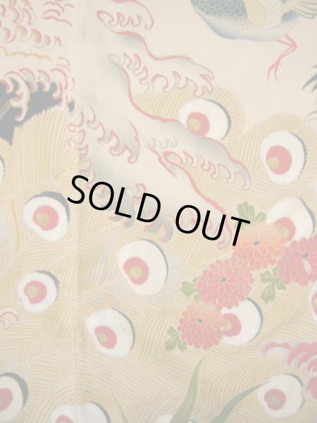Photo17: I0107T Used Japanese Kimono  Smoky Off White FURISODE long-sleeved / Silk. Peacock, MEIJI era (Grade D) (17)