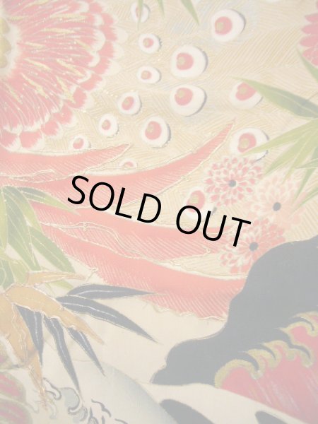 Photo18: I0107T Used Japanese Kimono  Smoky Off White FURISODE long-sleeved / Silk. Peacock, MEIJI era (Grade D) (18)