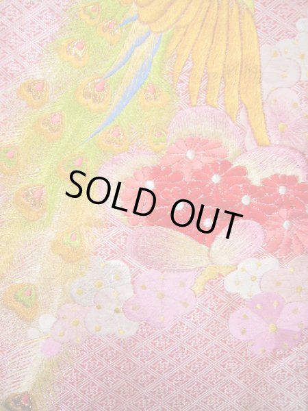 Photo7: Mint I0112F Used Japanese Kimono  Dark Pink UCHIKAKE Wedding / Silk. Peacock  (Grade A) (7)