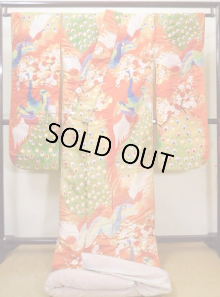 Photo3: I0112I Used Japanese Smoky Light Orange UCHIKAKE Wedding / Silk. Peacock  (Grade B) (3)