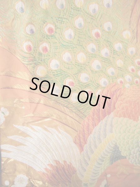 Photo7: I0112I Used Japanese Smoky Light Orange UCHIKAKE Wedding / Silk. Peacock  (Grade B) (7)