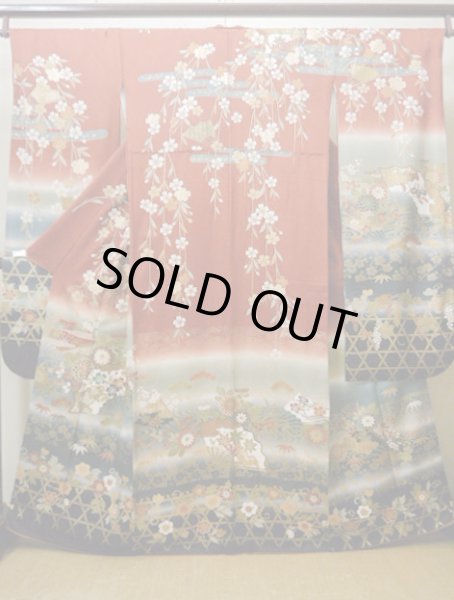 Photo1: Mint I0207A Used Japanese Kimono  Reddish Brown FURISODE long-sleeved / Silk. SAKURA cherry blossom   (Grade A) (1)