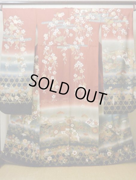 Photo2: Mint I0207A Used Japanese Kimono  Reddish Brown FURISODE long-sleeved / Silk. SAKURA cherry blossom   (Grade A) (2)