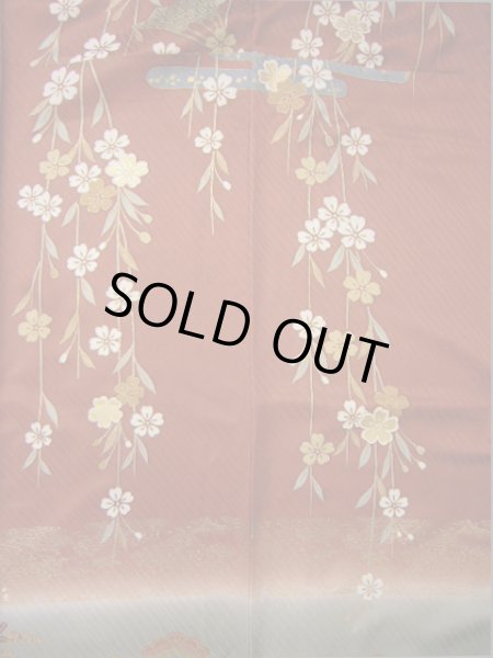 Photo8: Mint I0207A Used Japanese Kimono  Reddish Brown FURISODE long-sleeved / Silk. SAKURA cherry blossom   (Grade A) (8)