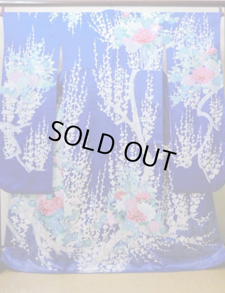 Photo2: I0207I Used Japanese Kimono Shiny Bright Blue FURISODE long-sleeved / Silk. Lily  (Grade A) (2)