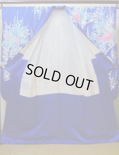 Photo4: I0207I Used Japanese Kimono Shiny Bright Blue FURISODE long-sleeved / Silk. Lily  (Grade A) (4)
