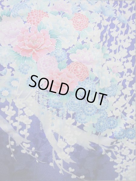 Photo7: I0207I Used Japanese Kimono Shiny Bright Blue FURISODE long-sleeved / Silk. Lily  (Grade A) (7)
