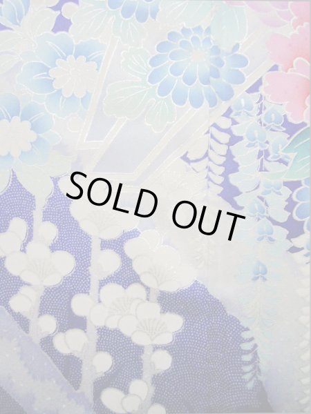 Photo19: I0207I Used Japanese Kimono Shiny Bright Blue FURISODE long-sleeved / Silk. Lily  (Grade A) (19)