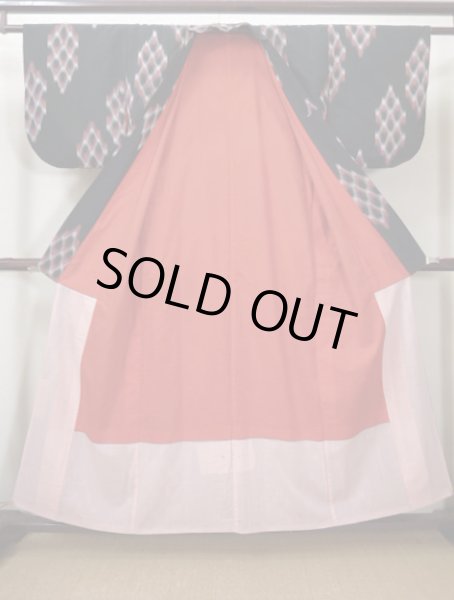 Photo2: I0511J Used Japanese Kimono   Black ORI woven / Silk. Lozenges  (Grade C) (2)