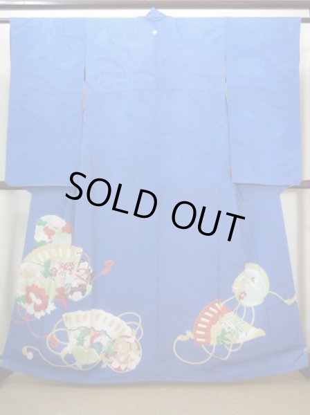 Photo1: I0627A Used Japanese Kimono  Smoky Blue HOUMONGI formal / Silk. Folding fan   (Grade C) (1)