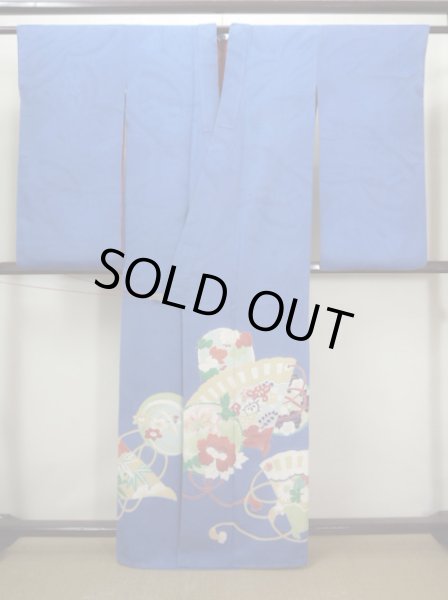 Photo2: I0627A Used Japanese Kimono  Smoky Blue HOUMONGI formal / Silk. Folding fan   (Grade C) (2)