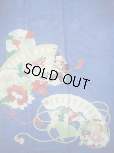 Photo5: I0627A Used Japanese Kimono  Smoky Blue HOUMONGI formal / Silk. Folding fan   (Grade C) (5)