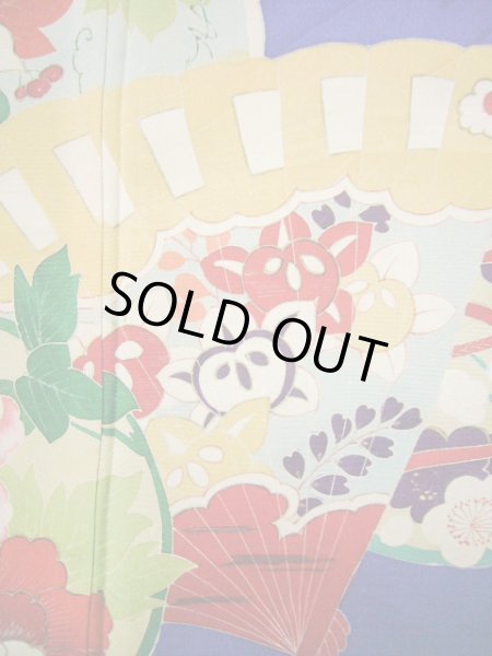 Photo8: I0627A Used Japanese Kimono  Smoky Blue HOUMONGI formal / Silk. Folding fan   (Grade C) (8)