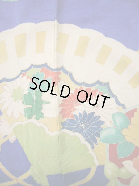Photo9: I0627A Used Japanese Kimono  Smoky Blue HOUMONGI formal / Silk. Folding fan   (Grade C) (9)