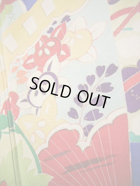 Photo11: I0627A Used Japanese Kimono  Smoky Blue HOUMONGI formal / Silk. Folding fan   (Grade C) (11)