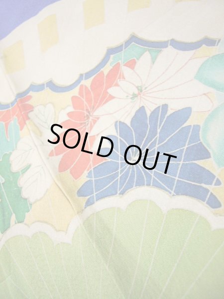 Photo12: I0627A Used Japanese Kimono  Smoky Blue HOUMONGI formal / Silk. Folding fan   (Grade C) (12)