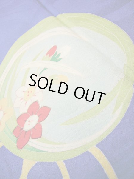 Photo13: I0627A Used Japanese Kimono  Smoky Blue HOUMONGI formal / Silk. Folding fan   (Grade C) (13)