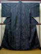 Photo1: I0713G Used Japanese Kimono  Smoky Black OSHIMA TSUMUGI pongee / Silk. Butterfly, YOKOSO (Grade B) (1)