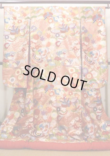 Photo2: J0219B Used Japanese Creamy Light Vermilion UCHIKAKE Wedding by Silk. Phoenix  (Grade A) (2)