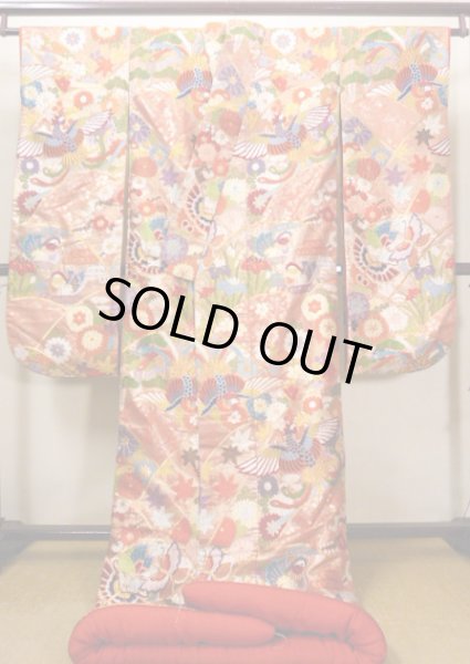 Photo3: J0219B Used Japanese Creamy Light Vermilion UCHIKAKE Wedding by Silk. Phoenix  (Grade A) (3)