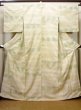 Photo1: J0222M Used Japanese  Pale Olive TSUMUGI pongee / Silk. Geometrical pattern   (Grade C) (1)