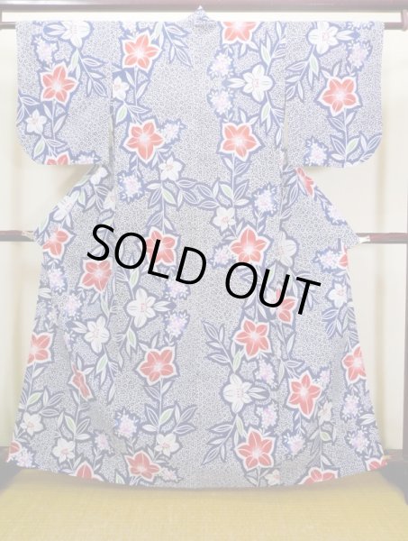 Photo1: J0617A Used Japanese Dark  Indigo Blue YUKATA summer / Cotton. KIKYO Japanese balloonflower   (Grade B) (1)
