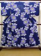 Photo1: Mint J0702P Used Japanese Bluish  Indigo Blue YUKATA summer / Cotton. Flower  (Grade A) (1)