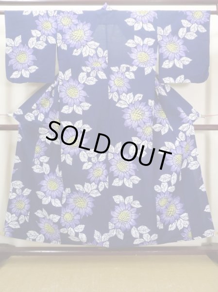 Photo1: Mint J0702P Used Japanese Bluish  Indigo Blue YUKATA summer / Cotton. Flower  (Grade A) (1)