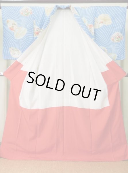 Photo2: Mint J0715O Used Japanese Shiny  Pale Blue KOMON dyed / Silk. Peony, Chiso/Takashimaya/Hand drawn Yuzen (Grade A) (2)