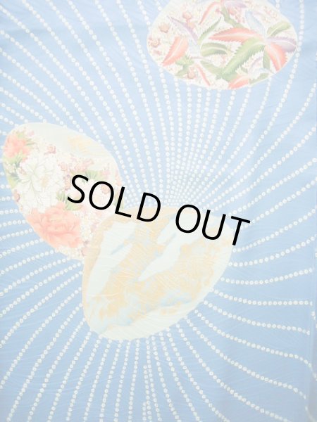 Photo3: Mint J0715O Used Japanese Shiny  Pale Blue KOMON dyed / Silk. Peony, Chiso/Takashimaya/Hand drawn Yuzen (Grade A) (3)