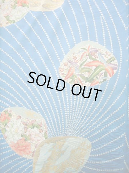 Photo5: Mint J0715O Used Japanese Shiny  Pale Blue KOMON dyed / Silk. Peony, Chiso/Takashimaya/Hand drawn Yuzen (Grade A) (5)
