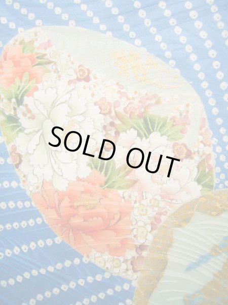 Photo7: Mint J0715O Used Japanese Shiny  Pale Blue KOMON dyed / Silk. Peony, Chiso/Takashimaya/Hand drawn Yuzen (Grade A) (7)